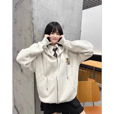 oversize卫衣女秋冬季设计感小众连帽大码慵懒风加绒加厚开衫外套商品大图