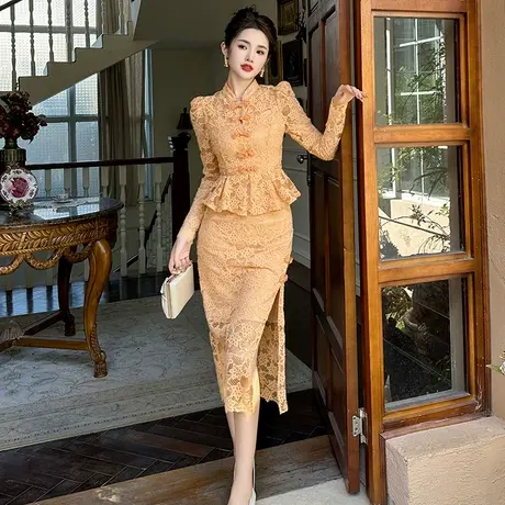 端庄优雅宫廷风改良新中式旗袍春季超仙气质高级感开叉蕾丝连衣裙商品大图