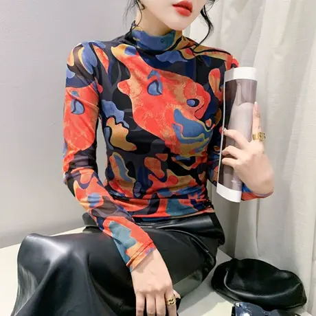 加绒欧货女装秋冬新款T恤网纱印花洋气内塔修身上衣女长袖打底衫商品大图