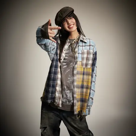 街头潮牌拼接格子衬衫女春秋2024年新款复古做旧衬衣毛边宽松上衣商品大图