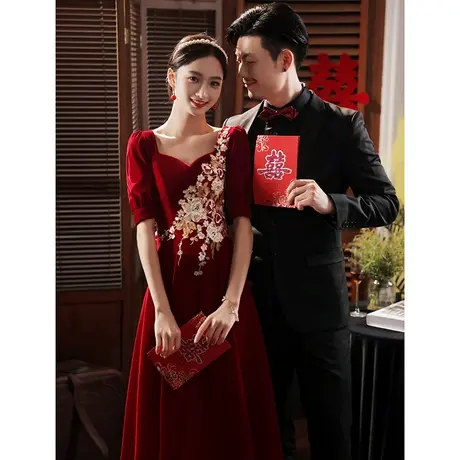 敬酒服新娘2023新款秋季长款丝绒V领刺绣方领结婚礼服答谢宴高贵商品大图