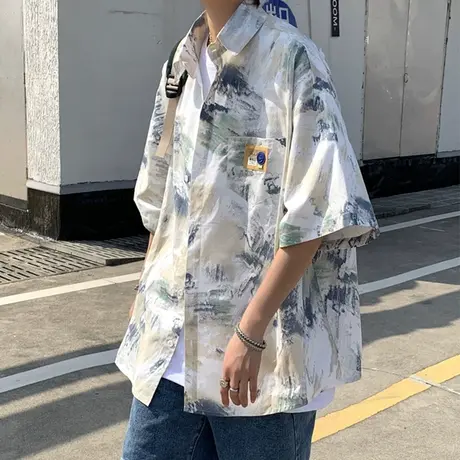 潮流夏季短袖衬衫男ins潮牌薄款翻领工装情侣款休闲印花衬衣外套商品大图