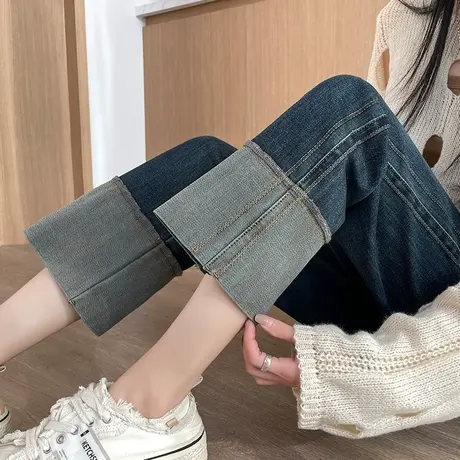 复古蓝拼接高腰直筒牛仔裤女春秋显瘦小个子八九分阔腿窄版烟管裤商品大图