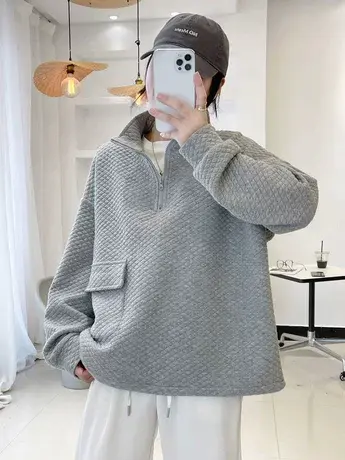 2024早秋季新款休闲立领卫衣女设计感大口袋宽松长袖纯色套头上衣商品大图