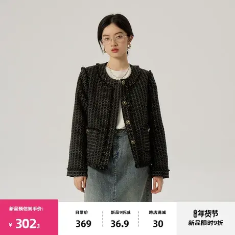 omont蛋挞家 复古小香风外套春季新款气质圆领粗花呢流苏上衣图片