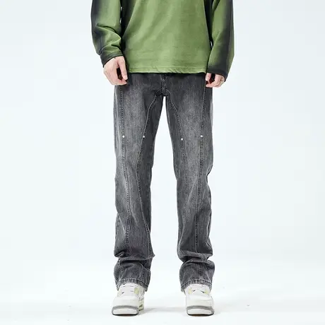 微喇美式拼接牛仔裤男潮牌春秋季休闲高个子加长版大码直筒裤子男商品大图