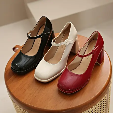 红色高跟鞋女晚晚鞋小皮鞋女款法式玛丽珍女鞋配裙子白色粗跟单鞋图片