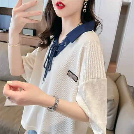 华夫格短袖t恤女夏季韩版宽松大码女装百搭学生短款假两件上衣服图片