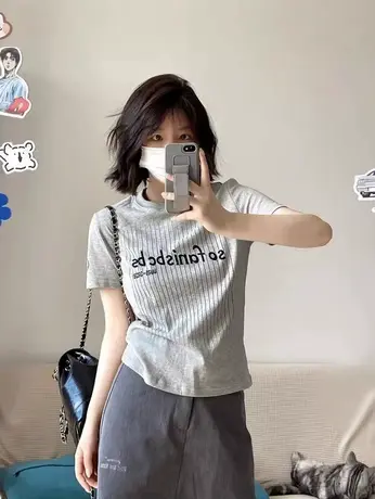 设计感正肩短袖t恤女ins夏季修身显瘦小众独特港味chic打底衫上衣商品大图