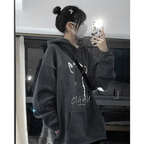 连帽卫衣女美式复古春秋2024新款小个子宽松慵懒风落肩外套上衣潮图片