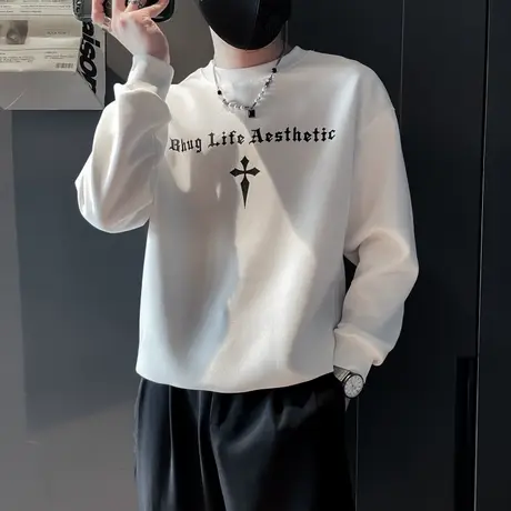 潮牌印花字母卫衣男春季新款宽松痞帅圆领上衣重磅轻熟长袖T恤衫商品大图