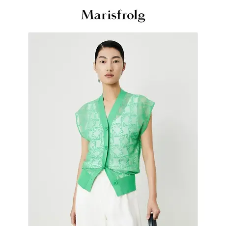 #多巴胺穿搭# 玛丝菲尔2023年夏新款单排扣镂空提花无袖针织开衫商品大图