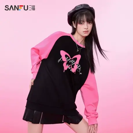 直播秒杀三福卫衣2024新款秋冬季美式连帽撞色插肩袖纯棉时尚宽松图片