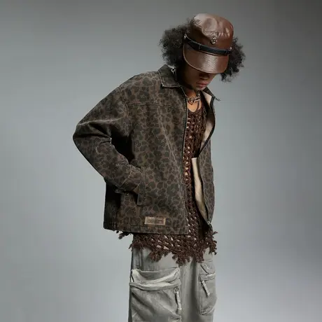 美式复古设计感豹纹夹克男士春秋新款街头百搭宽松短款情侣装外套图片