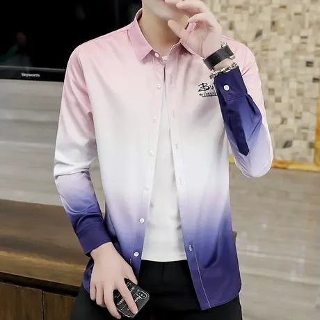 潮牌渐变色衬衫男士秋季新款潮流帅气上衣网红情侣韩版长袖衬衣服商品大图