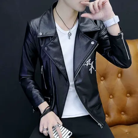 潮牌男装翻领斜拉链pu皮夹克男士秋季韩版帅气修身型机车皮衣外套图片