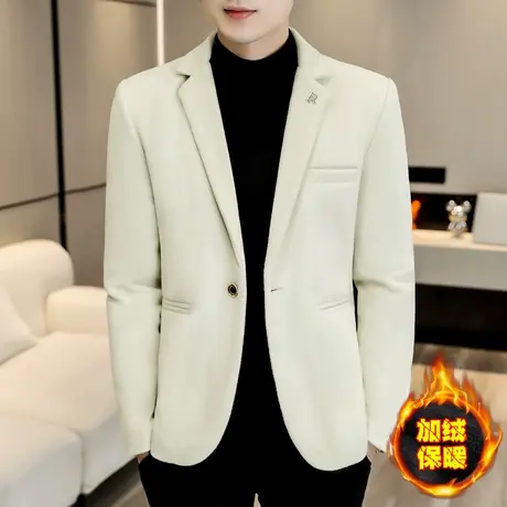 秋冬季加绒加厚呢子西装潮流韩版休闲保暖外套上衣男装毛呢小西服商品大图