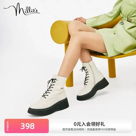 妙丽冬商场款牛皮压纹潮酷松糕底简约马丁靴女短靴加绒SCG23DD1商品大图