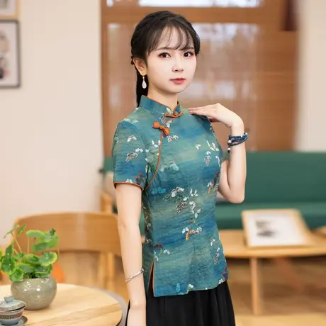 筠雅唐装女中国风夏季改良旗袍上衣收腰显瘦复古茶服新中式女装商品大图