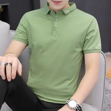 翻领t恤男短袖polo衫潮牌有领保罗夏季上衣服男冰丝光棉绿色半袖商品大图