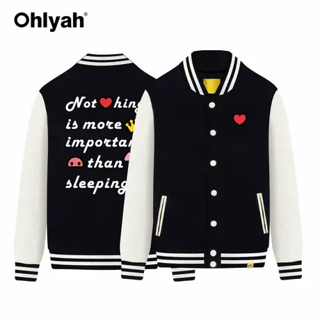 Ohlyah棒球外套女2023秋冬新款黑色韩版印花闺蜜学生开衫纽扣上衣商品大图