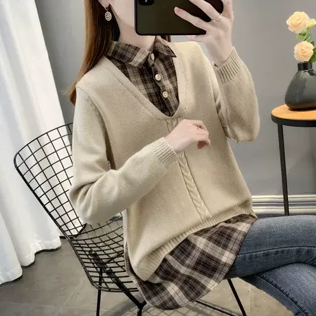 假两件套衬衫领中长款针织衫女时尚洋气春秋新款爆款外穿毛衣打底商品大图