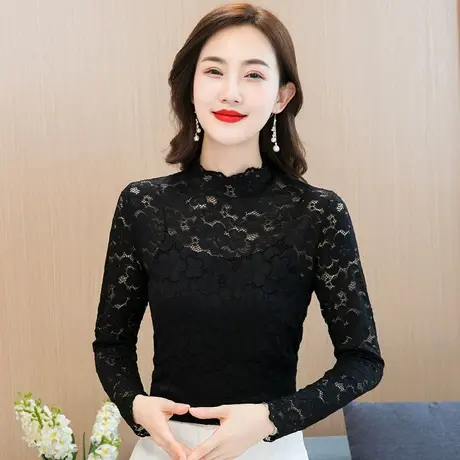 芙黛怡2022新款长袖蕾丝春夏修身打底衫钩花镂空女半高领气质上衣图片