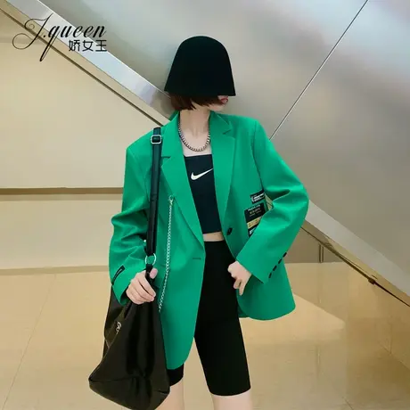 绿色西装外套女秋季复古港味宽松显瘦小众气质网红炸街秋季小西服图片