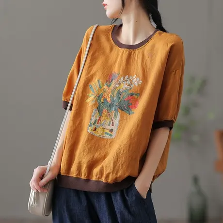 dza复古高端苎麻上衣女士夏季薄款短袖t恤短款打底衫宽松棉麻体恤商品大图