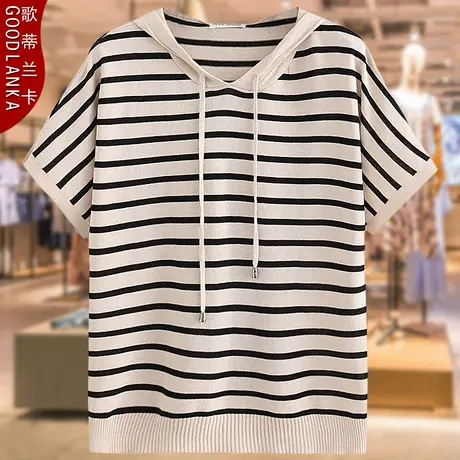 大码中年妈妈夏季针织上衣宽松时尚百搭条纹蝙蝠短袖连帽冰丝T恤图片