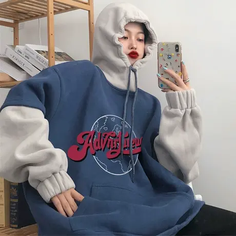 waitmore连帽卫衣女2020秋冬ins宽松韩版假两件上衣加绒加厚外套商品大图