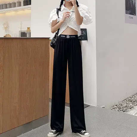 2023新款冰丝阔腿裤女高腰垂感黑色宽松夏季薄款拖地休闲直筒夏天图片
