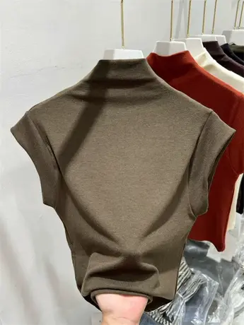 半高领小飞袖T恤纯色修身上衣女2023秋装温柔气质体恤短袖针织衫商品大图