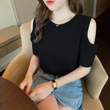 纯棉短袖t恤女夏季2022新款宽松显瘦潮流百搭韩版露肩半袖上衣服商品大图