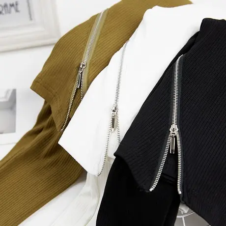 春秋季圆领女t恤长袖打底衫上衣韩版修身侧拉链高腰短款百搭纯棉商品大图