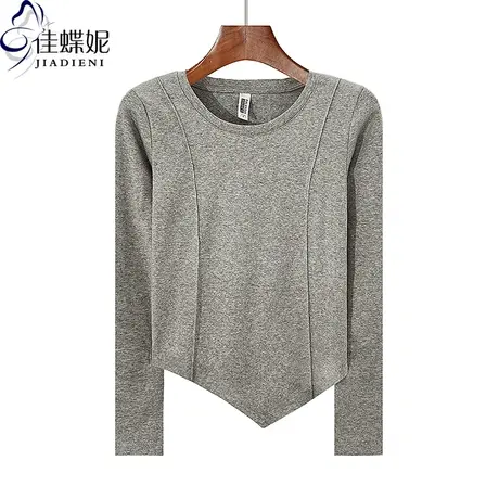 秋冬新款圆领修身不规则短款纯欲压线拼接纯棉长袖体恤上衣女打底商品大图