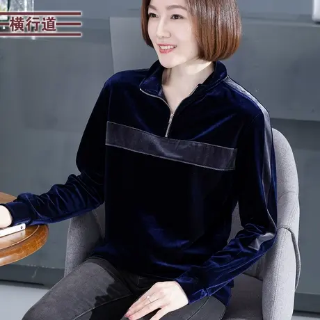 冬季宽松金丝绒妈妈长袖t恤女拉链半开领打底衫女装上衣服大码商品大图