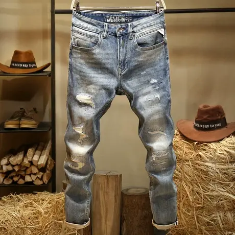 潮流破洞补丁牛仔裤男款韩版修身小脚裤美式高端复古耐磨弹力长裤商品大图
