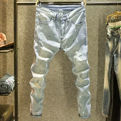 街头潮流时尚泼墨牛仔裤男款浅色破洞补丁裤子男生痞帅修身小脚裤商品大图