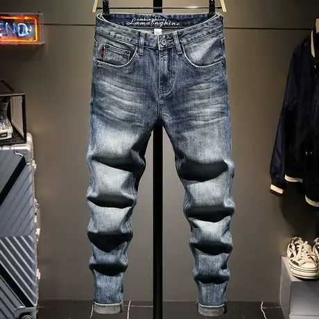 秋冬款烟灰色牛仔裤男修身小脚直筒显瘦水洗韩版潮流复古做旧男裤商品大图