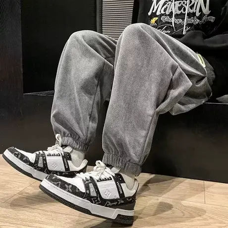 港风复古灯芯绒裤子男春秋高街ins潮运动百搭情侣宽松束脚休闲裤商品大图