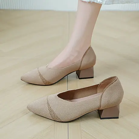 日系王妃单鞋女2023夏新款针织中跟尖头透气休闲编织鞋飞织高跟鞋图片