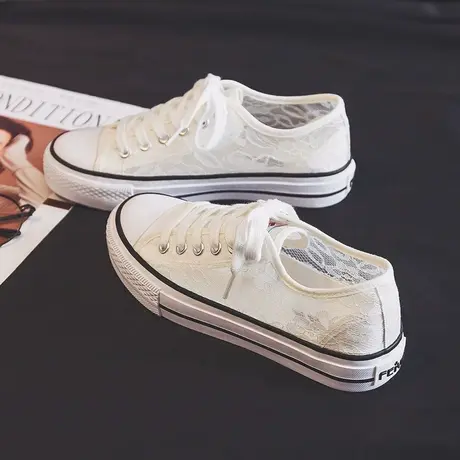 2023春季新款镂空蕾丝帆布鞋女透气小白鞋平底百搭板鞋一脚蹬网鞋商品大图