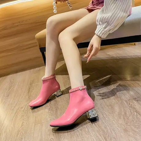 百翎2022秋冬新款粗跟短靴水钻时尚小香风百搭中跟靴子粉色女鞋子图片