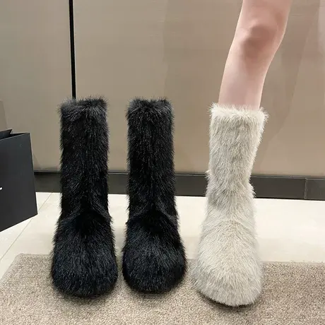 中筒雪地靴女冬2023年新款网红洋气加厚毛毛靴厚底加绒保暖棉鞋潮图片