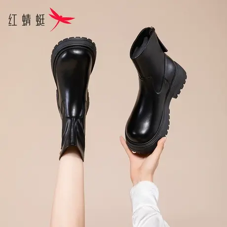 红蜻蜓复古女靴黑色短靴女春秋2022年新款厚底英伦切尔西瘦瘦靴子图片