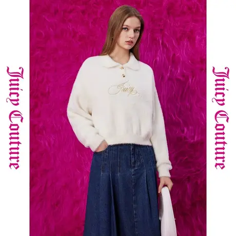 Juicy Couture橘滋秋季装2023年款甜心奶泡刺绣翻领羽毛纱女毛衣图片