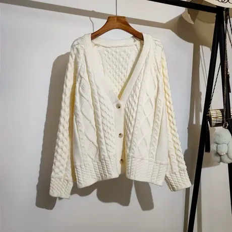 慵懒风针织开衫外套女秋冬新款韩版宽松大码v领麻花毛衣加厚上衣图片