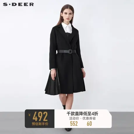 sdeer圣迪奥冬装翻领收腰百褶拼接黑色毛呢大衣S21481851⛅商品大图