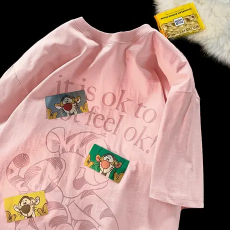 粉色2023夏季美式街头风卡通t恤女宽松短袖大码薄款纯棉上衣ins潮商品大图